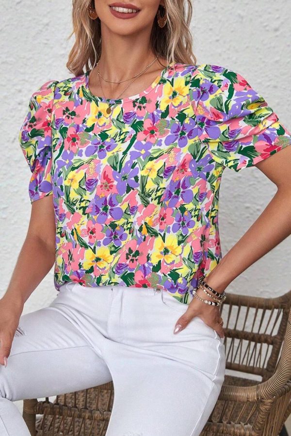 Blouses | Purple Floral Print Short Sleeve Blouse - Women