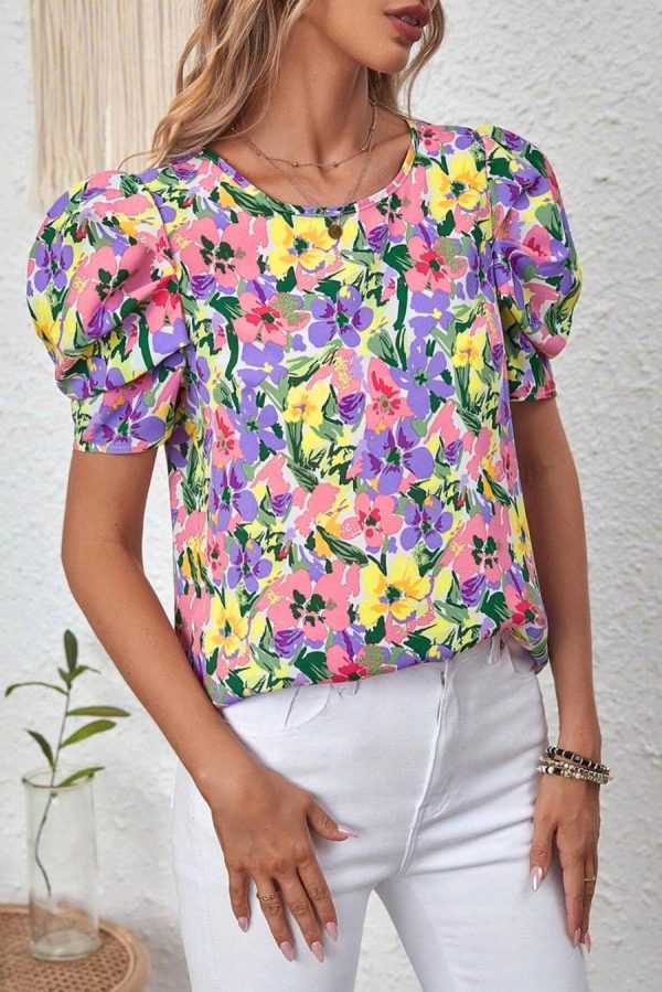 Blouses | Purple Floral Print Short Sleeve Blouse - Women - Image 2