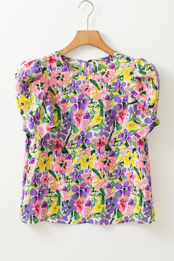 Blouses | Purple Floral Print Short Sleeve Blouse - Women - Image 3