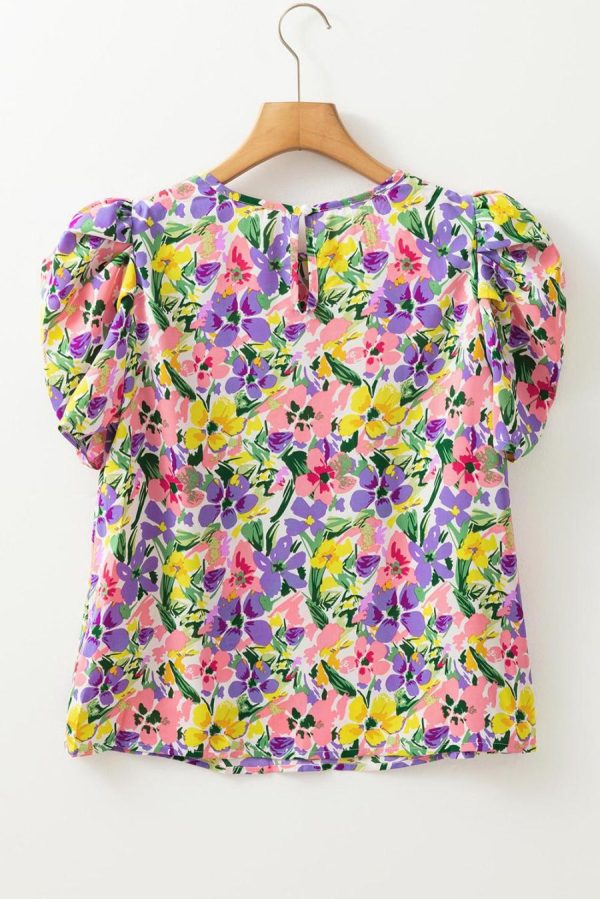 Blouses | Purple Floral Print Short Sleeve Blouse - Women - Image 4