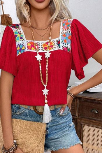 Blouses | Racing Red Crochet Flower Square Neck Ruffle Sleeve Blouse - Women