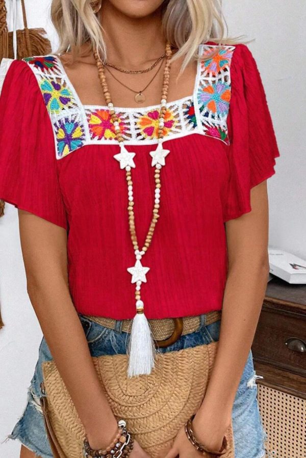 Blouses | Racing Red Crochet Flower Square Neck Ruffle Sleeve Blouse - Women - Image 2