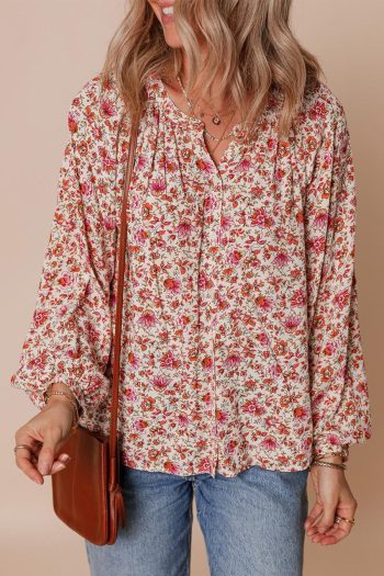 Blouses | Red Floral Print Pleated Detail Notched Neck Puff Sleeve Blouse - Women