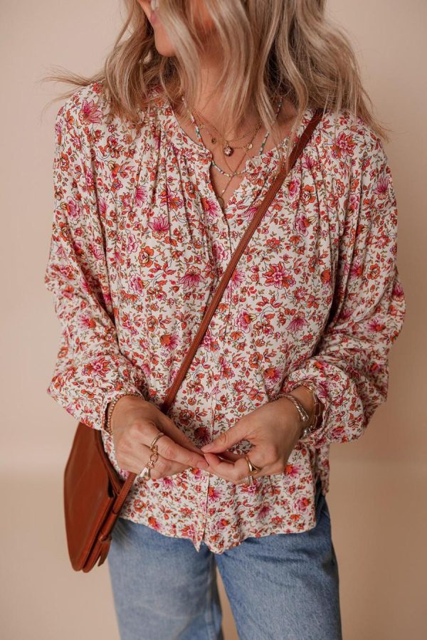 Blouses | Red Floral Print Pleated Detail Notched Neck Puff Sleeve Blouse - Women - Image 2