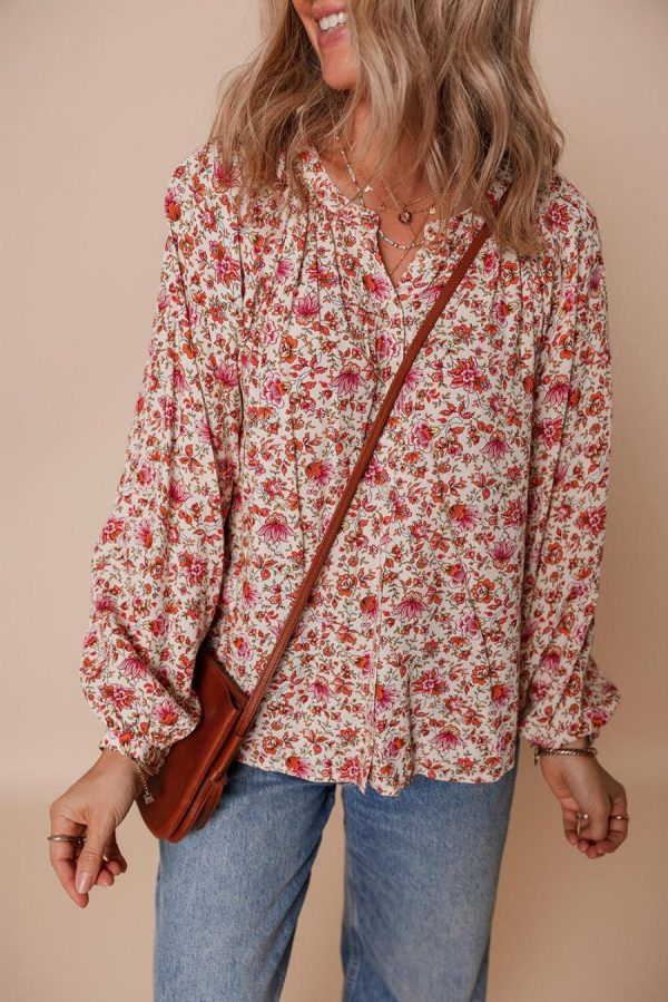 Blouses | Red Floral Print Pleated Detail Notched Neck Puff Sleeve Blouse - Women - Image 3