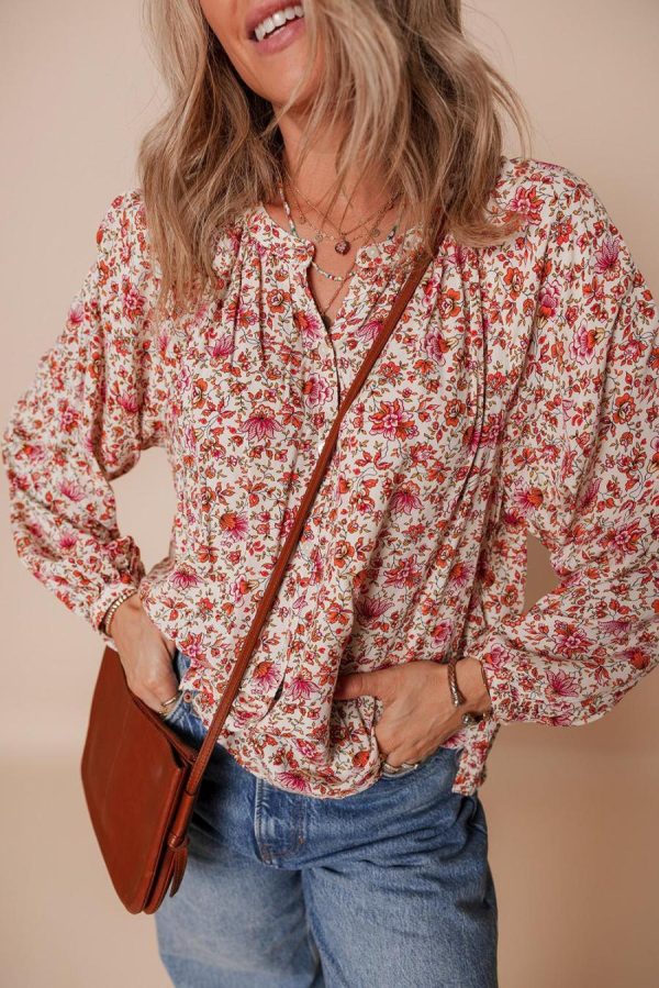 Blouses | Red Floral Print Pleated Detail Notched Neck Puff Sleeve Blouse - Women - Image 4