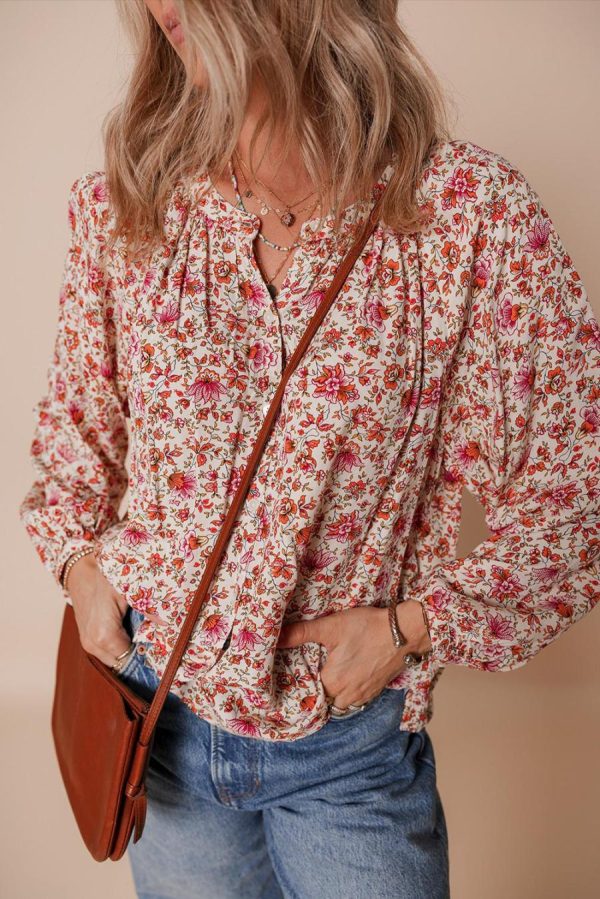 Blouses | Red Floral Print Pleated Detail Notched Neck Puff Sleeve Blouse - Women - Image 5