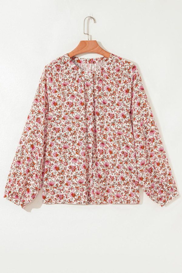Blouses | Red Floral Print Pleated Detail Notched Neck Puff Sleeve Blouse - Women - Image 6