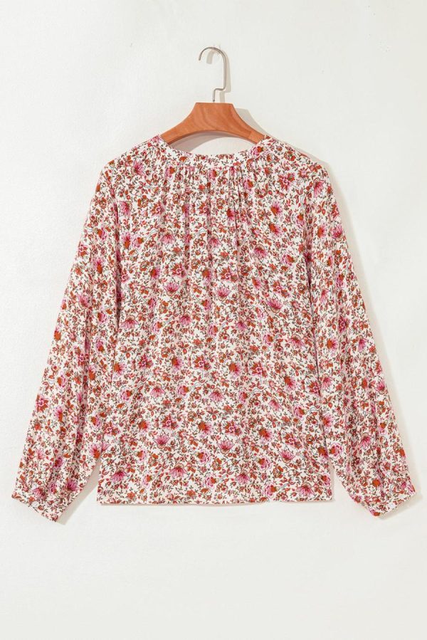 Blouses | Red Floral Print Pleated Detail Notched Neck Puff Sleeve Blouse - Women - Image 7