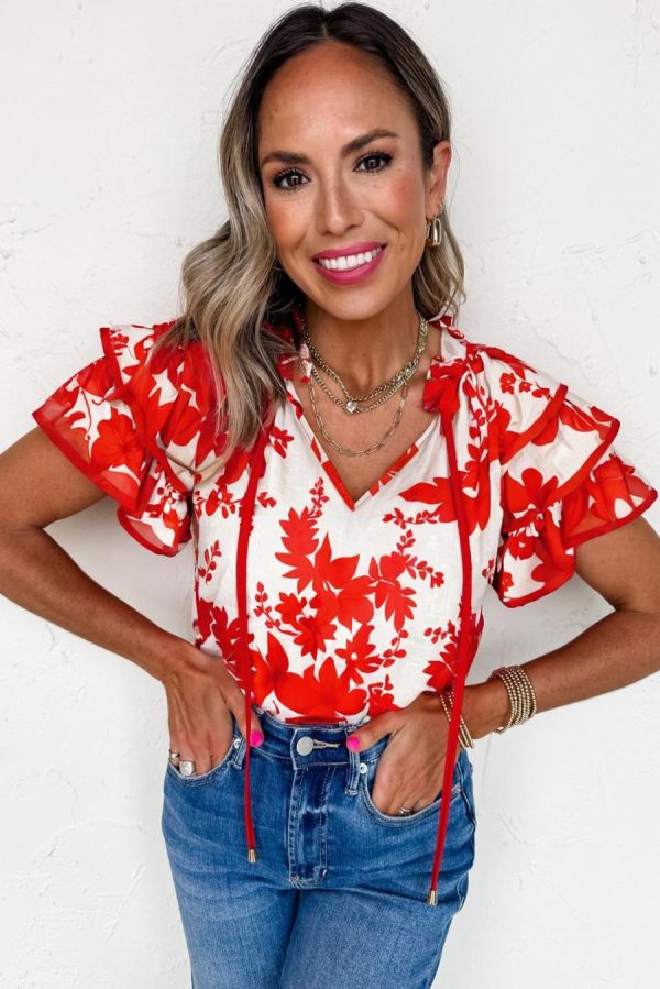 Blouses | Red Plant Print Tiered Ruffle Sleeve Blouse - Women