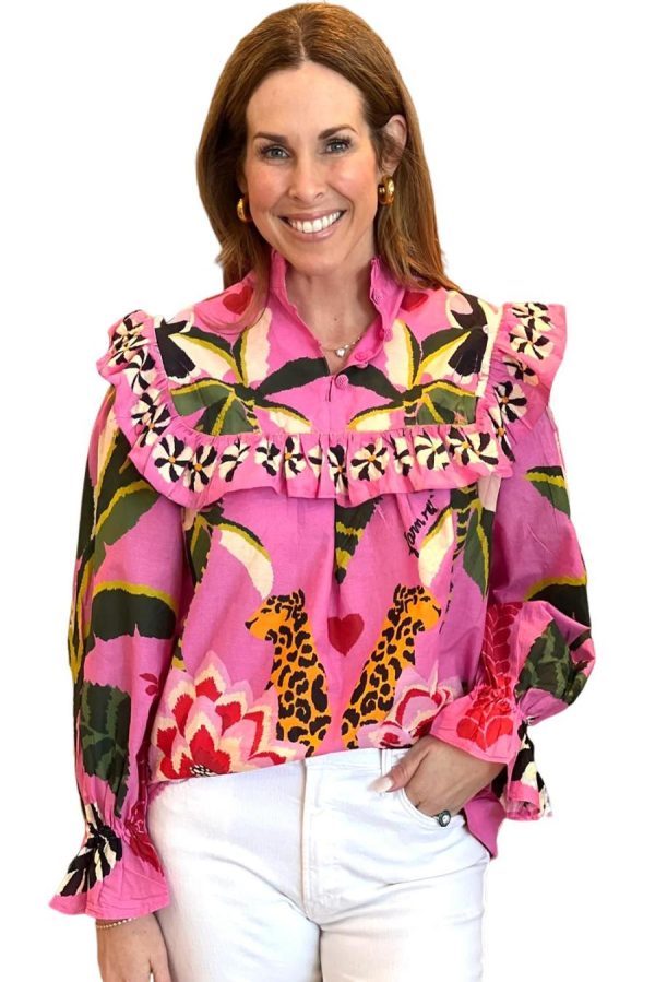 Blouses | Rose Leopard Print Tropical Ruffle Blouse - Women