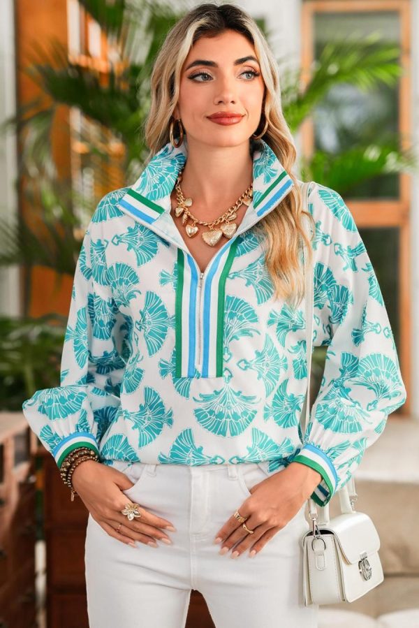 Blouses | Sky Blue Abstract Print Bubble Sleeve Pop Of Color Neck Blouse - Women - Image 2