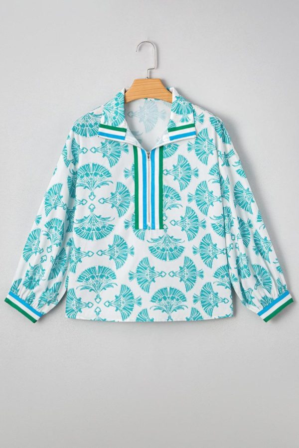 Blouses | Sky Blue Abstract Print Bubble Sleeve Pop Of Color Neck Blouse - Women - Image 4