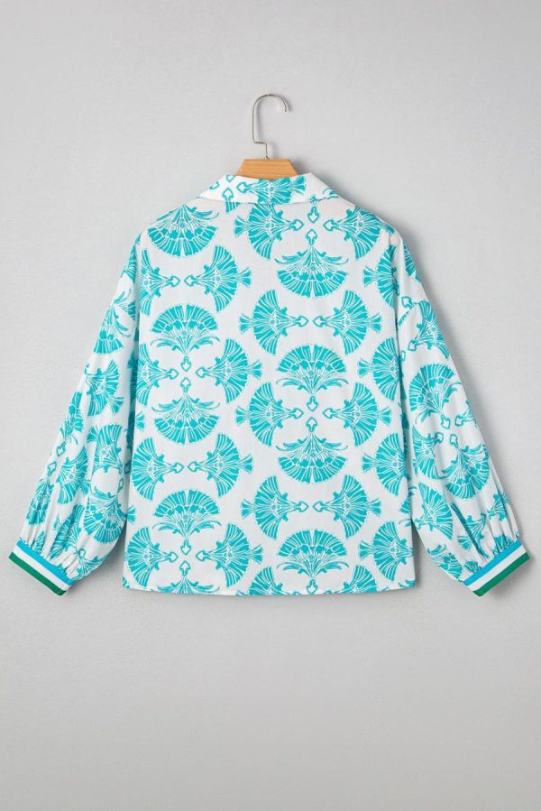 Blouses | Sky Blue Abstract Print Bubble Sleeve Pop Of Color Neck Blouse - Women - Image 5