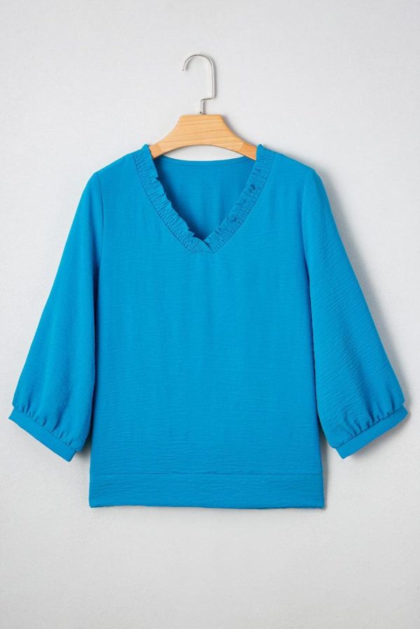Blouses | Sky Blue Frill V Neckline Puff Sleeve Crinkled Blouse - Women - Image 2