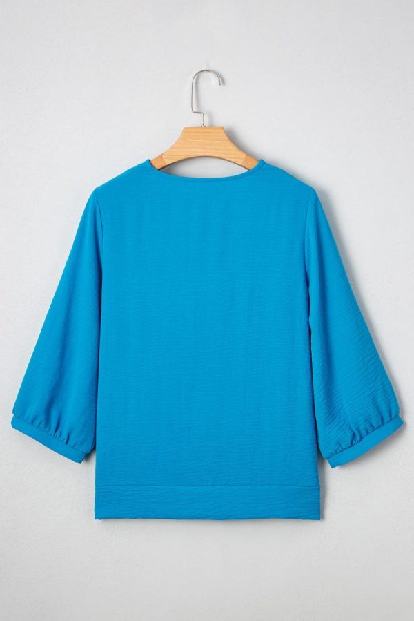 Blouses | Sky Blue Frill V Neckline Puff Sleeve Crinkled Blouse - Women - Image 3