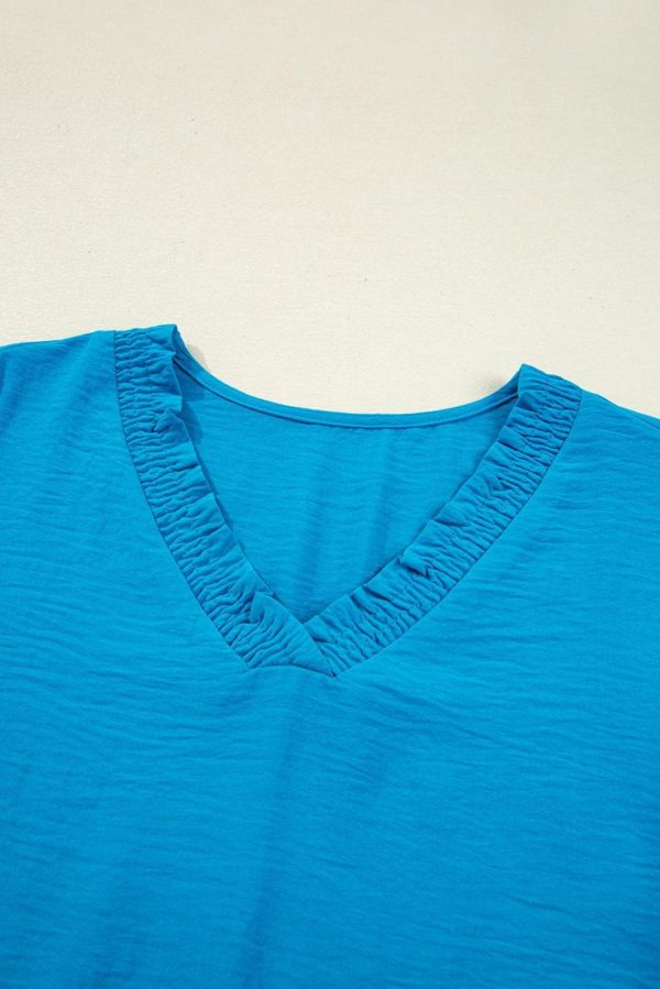 Blouses | Sky Blue Frill V Neckline Puff Sleeve Crinkled Blouse - Women - Image 4
