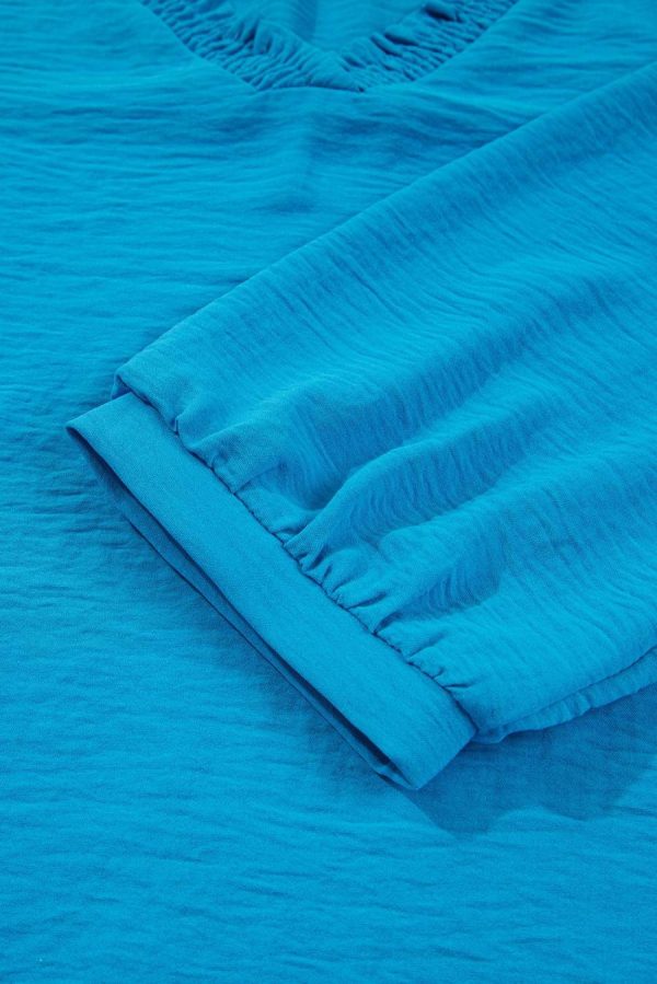 Blouses | Sky Blue Frill V Neckline Puff Sleeve Crinkled Blouse - Women - Image 5