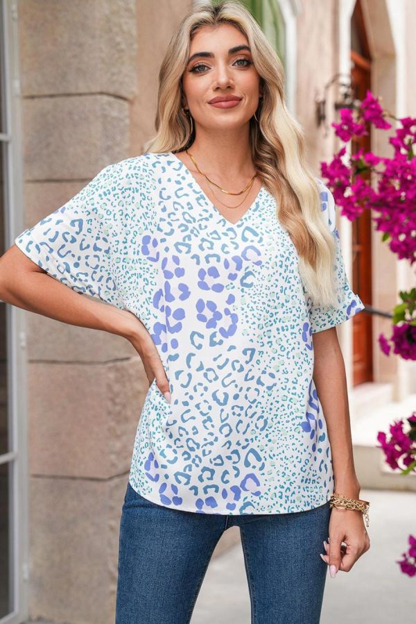 Blouses | Sky Blue Leopard Print V Neck Short Sleeve Blouse - Women - Image 3