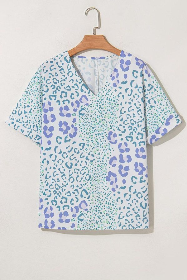 Blouses | Sky Blue Leopard Print V Neck Short Sleeve Blouse - Women - Image 5