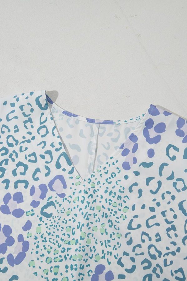 Blouses | Sky Blue Leopard Print V Neck Short Sleeve Blouse - Women - Image 7
