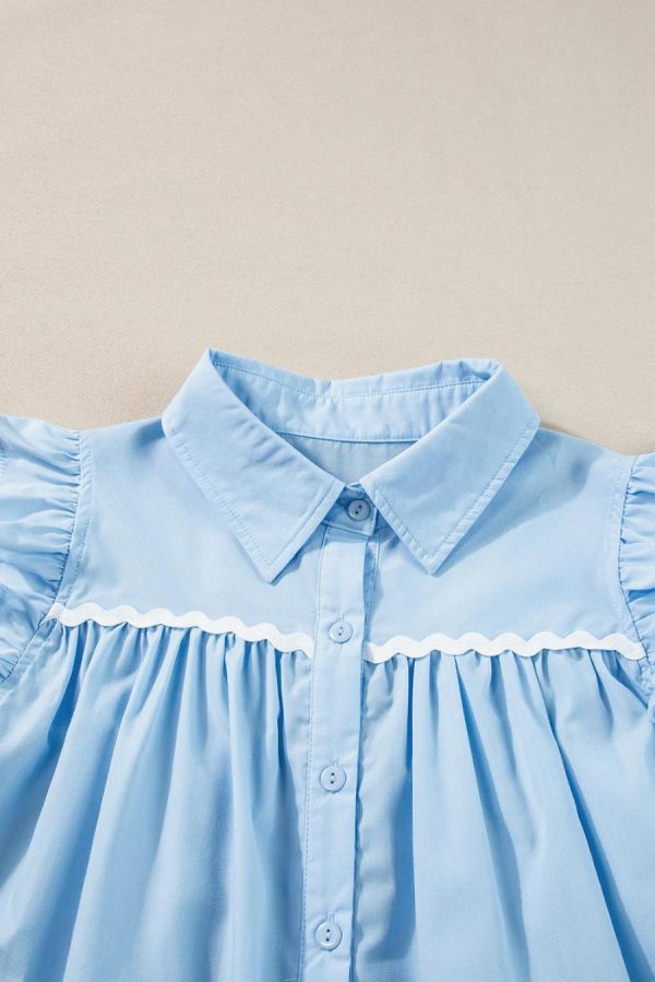 Blouses | Sky Blue Ric Rac Trim Collared Pleated Ruffle Top - Women - Image 2