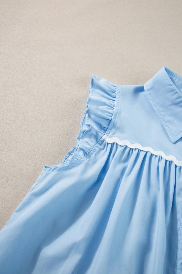 Blouses | Sky Blue Ric Rac Trim Collared Pleated Ruffle Top - Women - Image 3