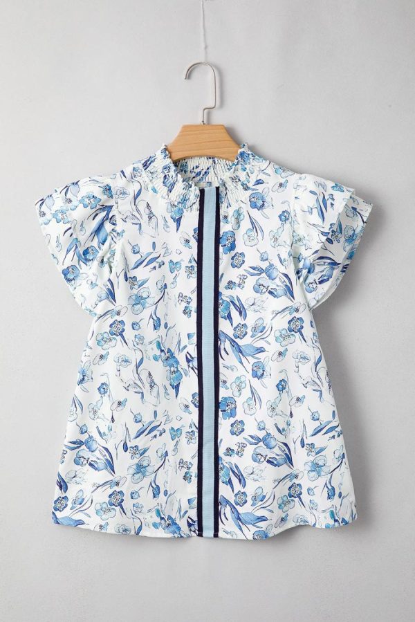 Blouses | Sky Blue Ruffle Short Sleeve Floral Print Pop Of Color Neckline Blouse - Women - Image 5