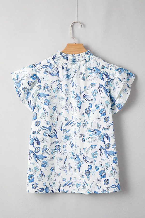 Blouses | Sky Blue Ruffle Short Sleeve Floral Print Pop Of Color Neckline Blouse - Women - Image 6