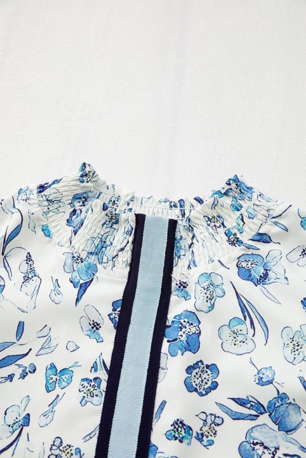 Blouses | Sky Blue Ruffle Short Sleeve Floral Print Pop Of Color Neckline Blouse - Women - Image 7