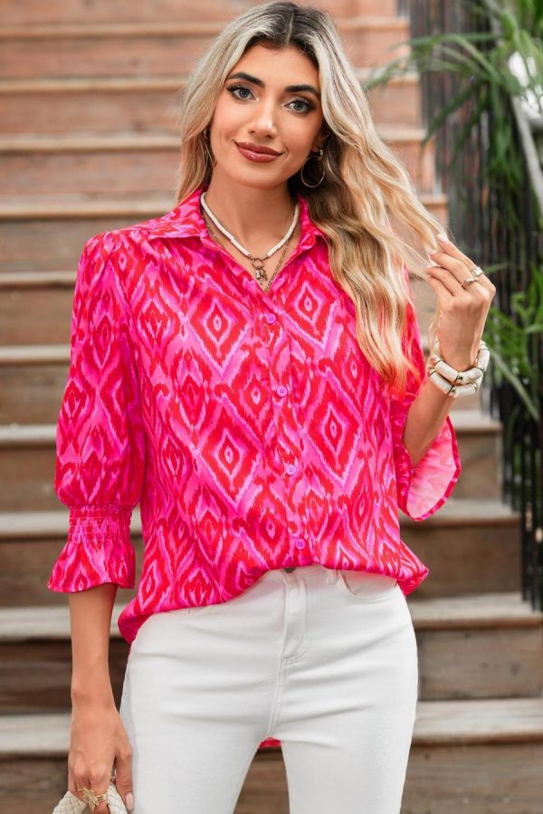 Blouses | Strawberry Pink Abstract Print Puff Sleeve Shirt - Women - Image 3