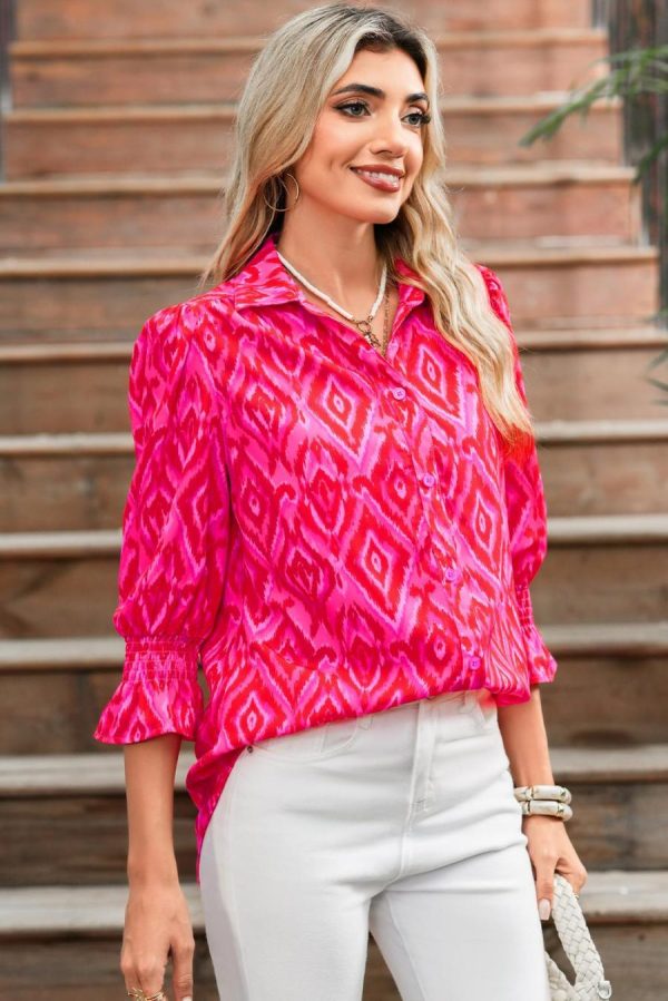 Blouses | Strawberry Pink Abstract Print Puff Sleeve Shirt - Women - Image 4