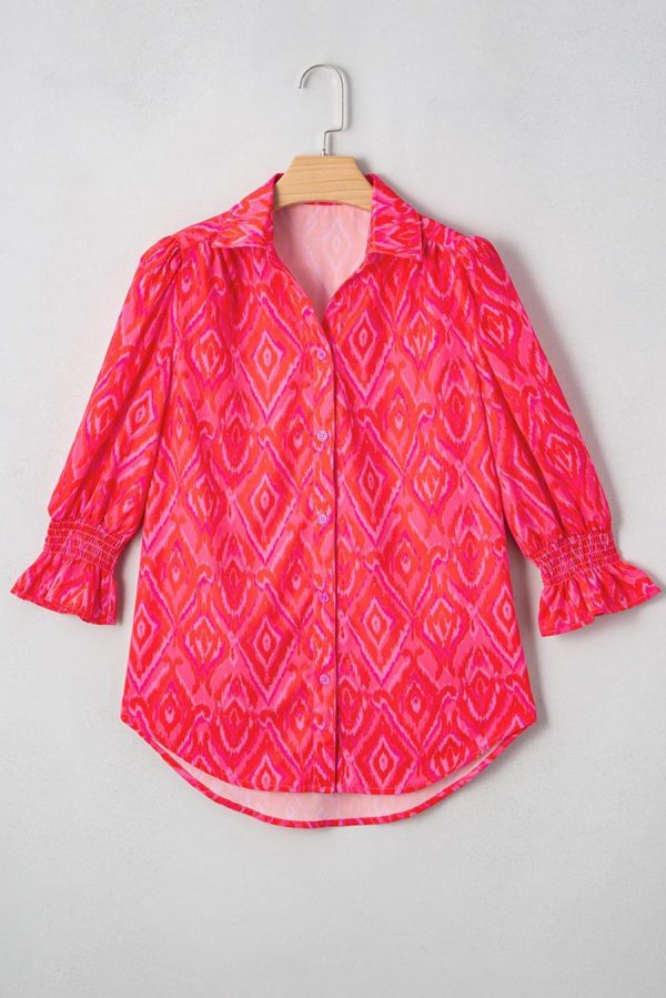Blouses | Strawberry Pink Abstract Print Puff Sleeve Shirt - Women - Image 5