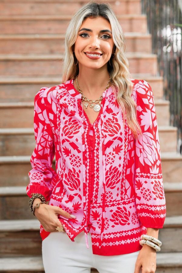 Blouses | Strawberry Pink Floral Print Tie V Neck Blouse - Women