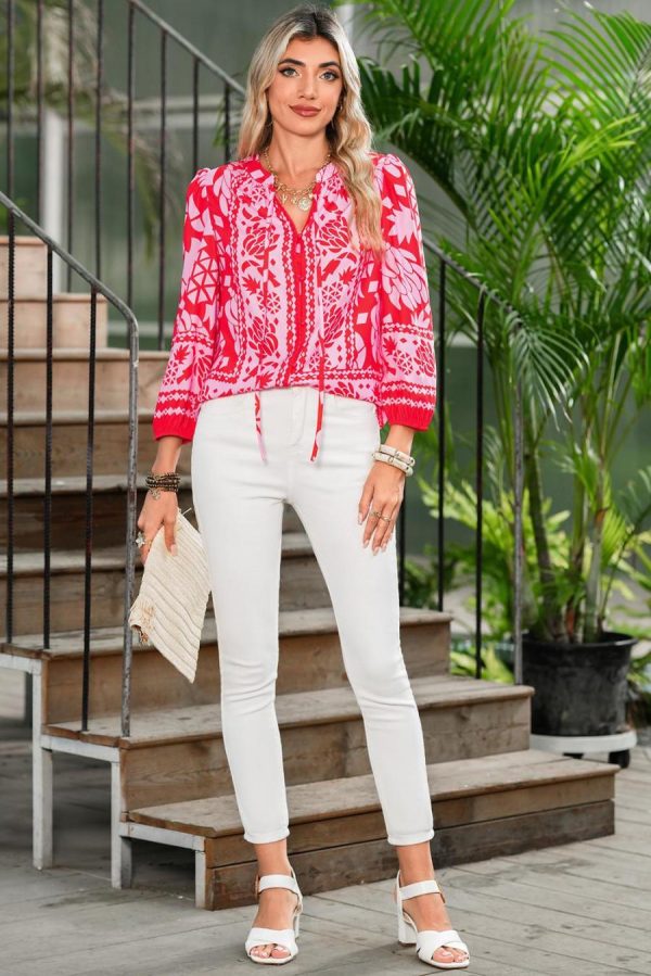 Blouses | Strawberry Pink Floral Print Tie V Neck Blouse - Women - Image 3