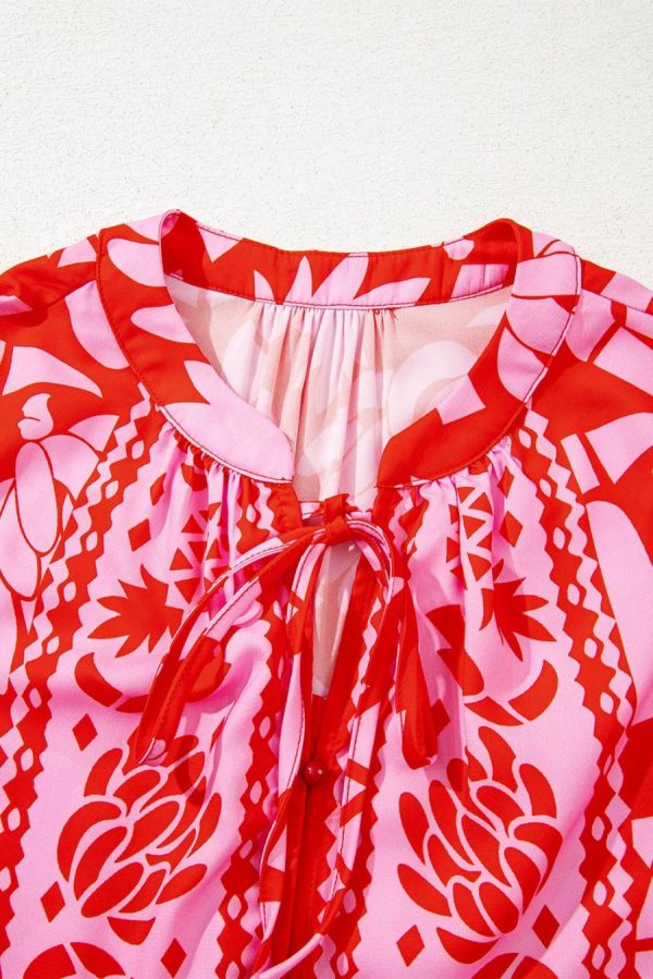 Blouses | Strawberry Pink Floral Print Tie V Neck Blouse - Women - Image 6