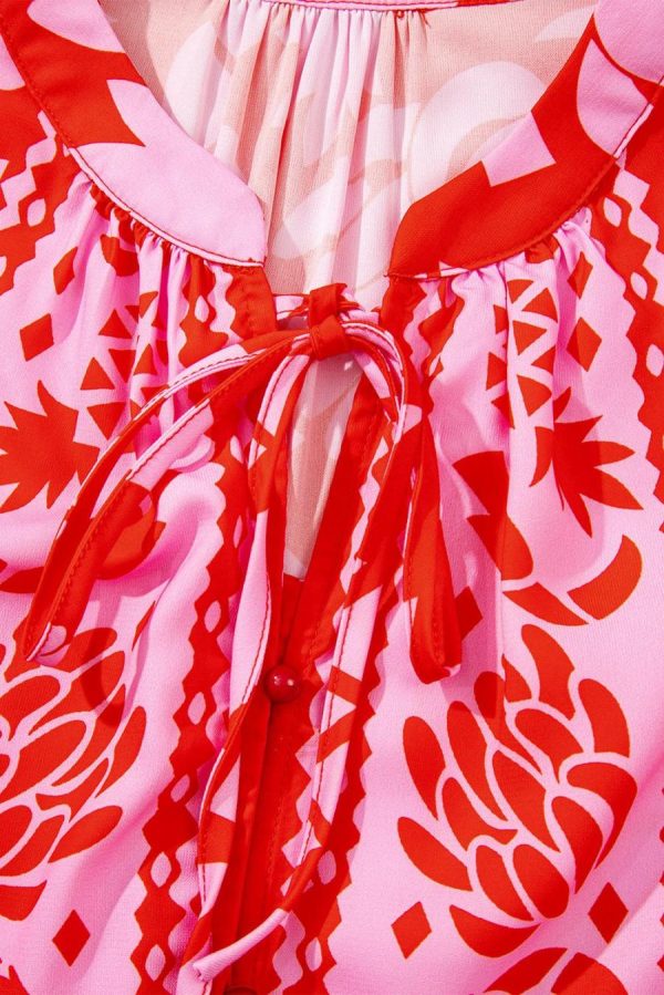Blouses | Strawberry Pink Floral Print Tie V Neck Blouse - Women - Image 7