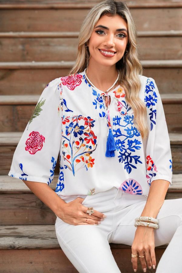 Blouses | White Boho Floral Fringe Tie V Neck Blouse - Women - Image 2