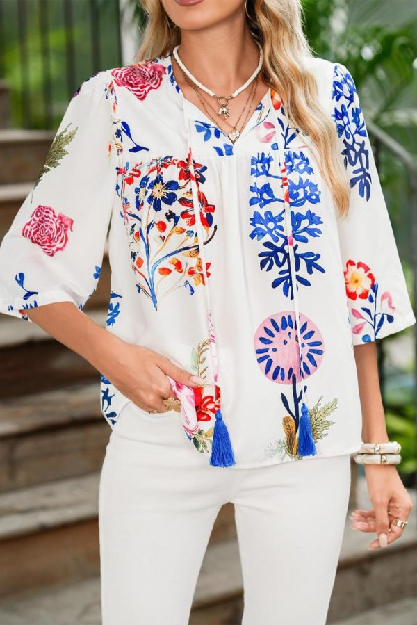 Blouses | White Boho Floral Fringe Tie V Neck Blouse - Women - Image 3