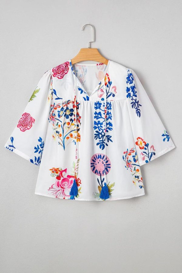 Blouses | White Boho Floral Fringe Tie V Neck Blouse - Women - Image 4
