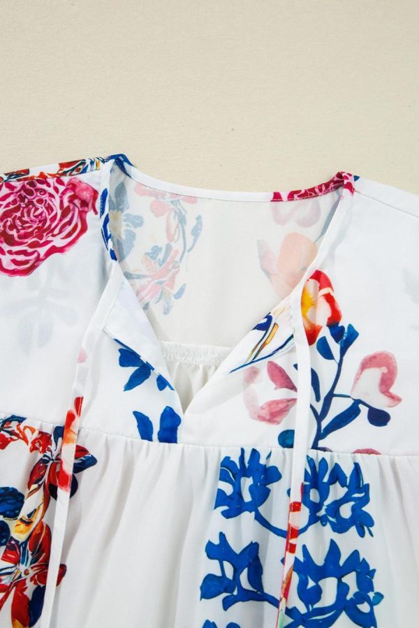 Blouses | White Boho Floral Fringe Tie V Neck Blouse - Women - Image 6