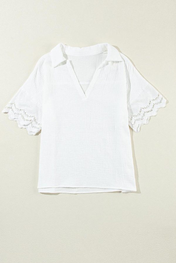 Blouses | White Crinkled Lace Splicing Sleeve Collared V Neck Blouse - Women - Image 3