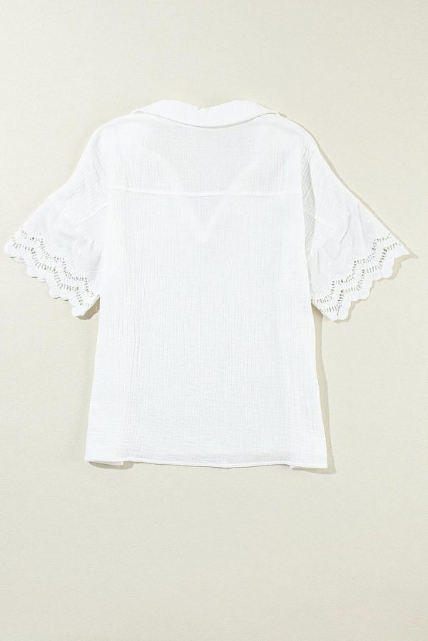 Blouses | White Crinkled Lace Splicing Sleeve Collared V Neck Blouse - Women - Image 4
