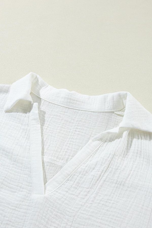 Blouses | White Crinkled Lace Splicing Sleeve Collared V Neck Blouse - Women - Image 5