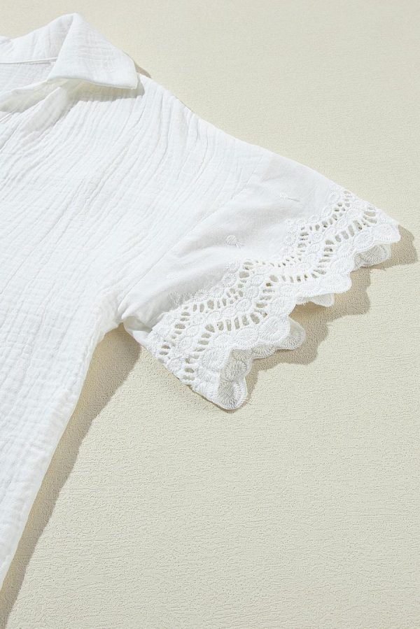 Blouses | White Crinkled Lace Splicing Sleeve Collared V Neck Blouse - Women - Image 6