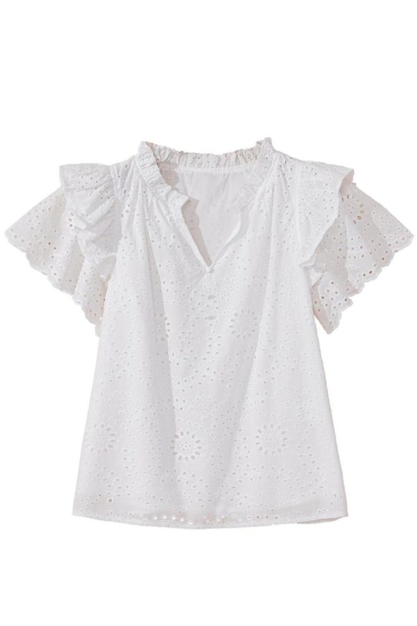 Blouses | White Eyelet Flutter Sleeve V Neck Blouse - Women - Image 7