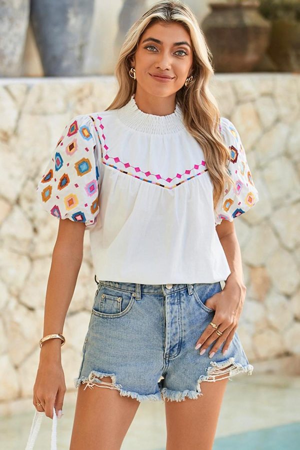 Blouses | White Geometric Embroidered Smocked Neck Puff Sleeve Top - Women - Image 2