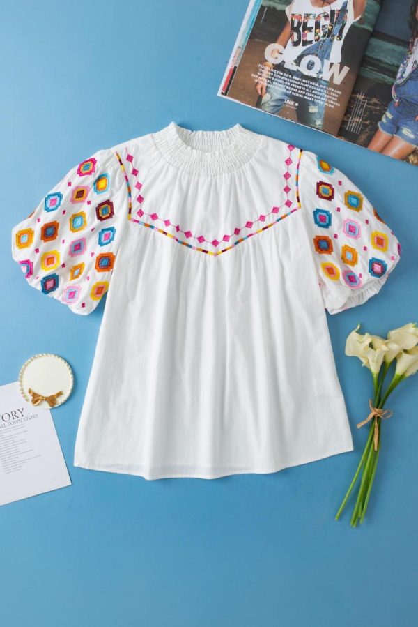 Blouses | White Geometric Embroidered Smocked Neck Puff Sleeve Top - Women - Image 6