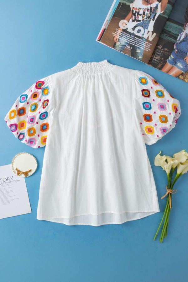 Blouses | White Geometric Embroidered Smocked Neck Puff Sleeve Top - Women - Image 7