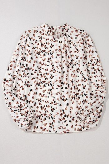 Blouses | White Leopard Print Puff Sleeve Mock Neck Pleated Blouse - Women